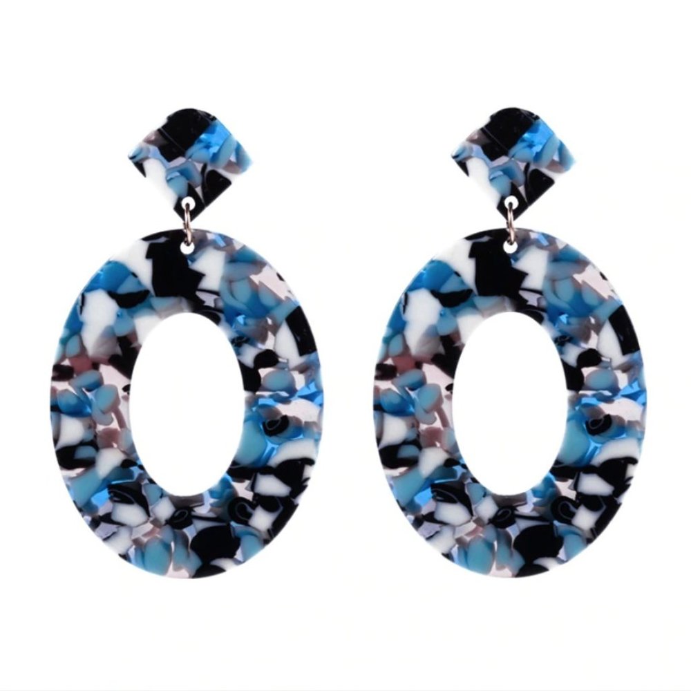 Blue modern abstract large oval hoop drop earrings